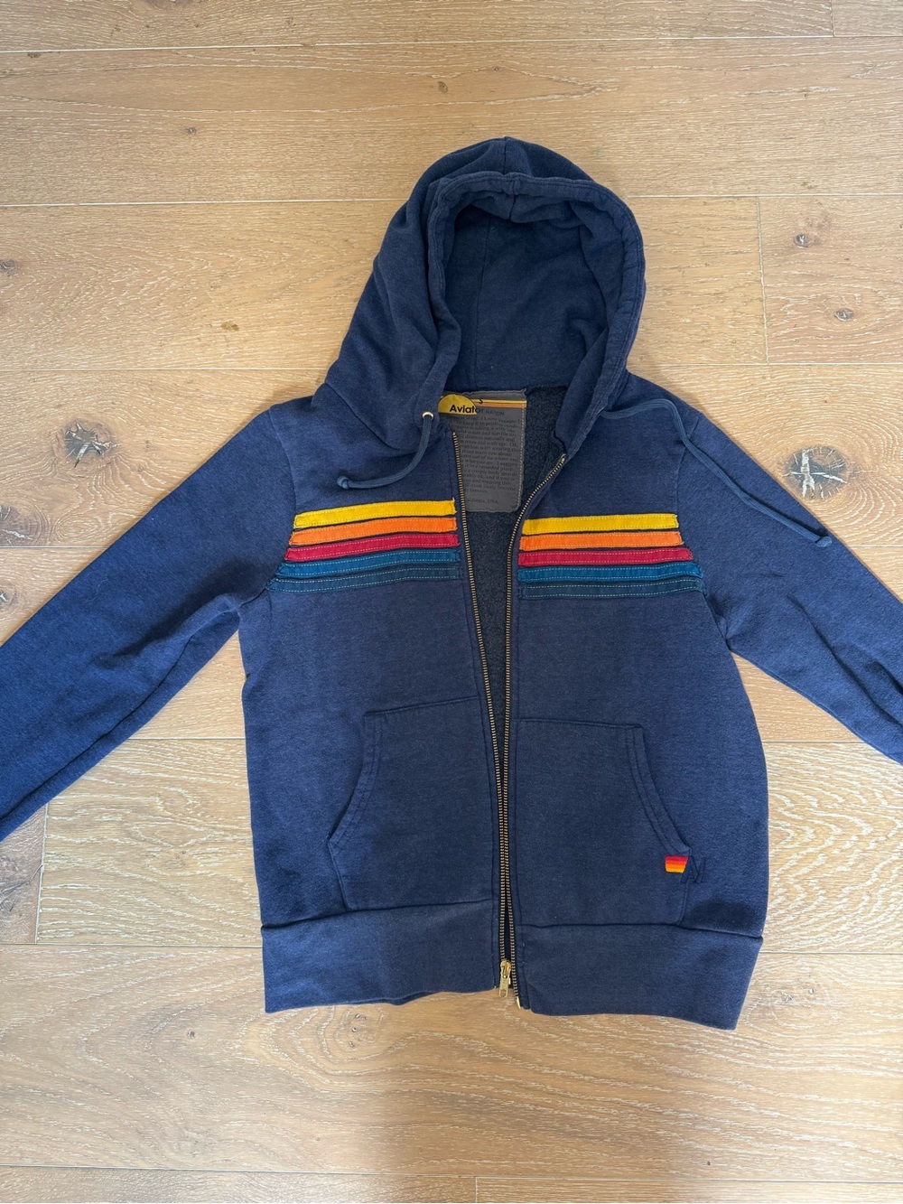 Aviator Nation Navy Zip Hoodie with Yellow, Red & Teal Stripes
